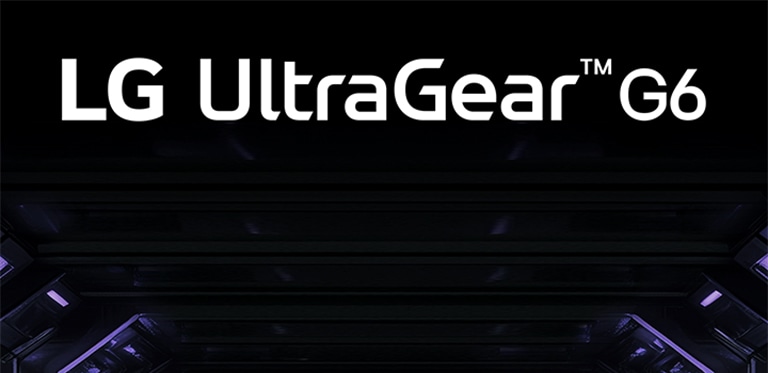Логотип UltraGear™ G6 у футуристичній кімнаті з неоновим освітленням.