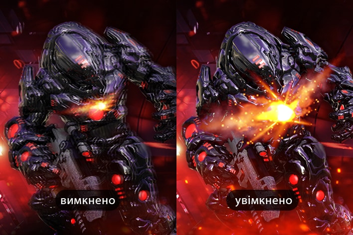 Порівняння ігрового процесу з вимкненою та ввімкненою функцією Динамічна синхронізація дій, що підкреслює зменшення затримки введення на моніторі UltraGear™ 27G640A.