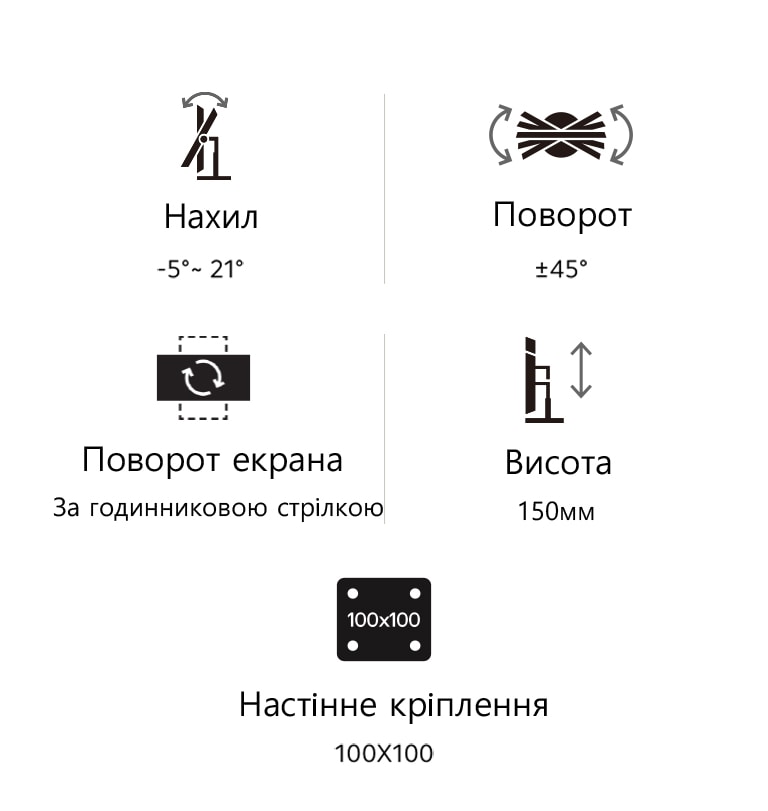 Значки нахилу, повороту, обертання, регулювання висоти та значок настінного кріплення 100x100.