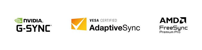 Логотипи NVIDIA G-SYNC, VESA AdaptiveSync та AMD FreeSync Premium.