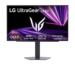 LG 27-дюймовий ігровий монітор LG UltraGear™ GX7,  240 Гц, QHD, OLED | DisplayHDR™ True Black 400, 0,03 мс (GtG), Глянцева панель, front view with spec, 27GX704A-B, thumbnail 1