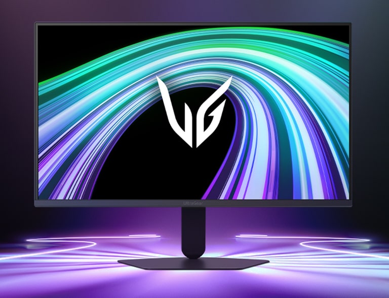 Зображення ігрового монітора UltraGear™ 25G523B спереду у футуристичній кімнаті з неоновим освітленням.
