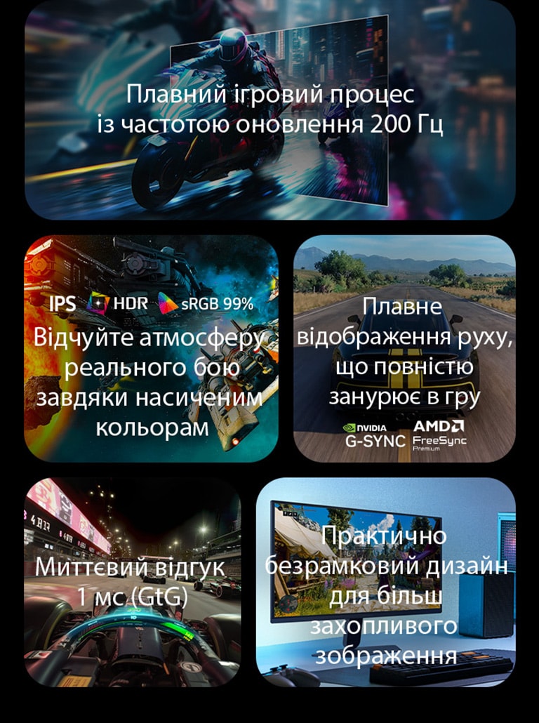 Це зображення демонструє ключові особливості ігрового монітора LG, зокрема частоту оновлення 200 Гц для плавного руху, IPS-дисплей із підтримкою HDR та охопленням sRGB 99% для насиченого зображення, плавний ігровий процес із підтримкою NVIDIA G-SYNC і AMD FreeSync Premium, час відгуку 1 мс (GtG) для динамічних ігор, а також практично безрамковий дизайн для максимального занурення