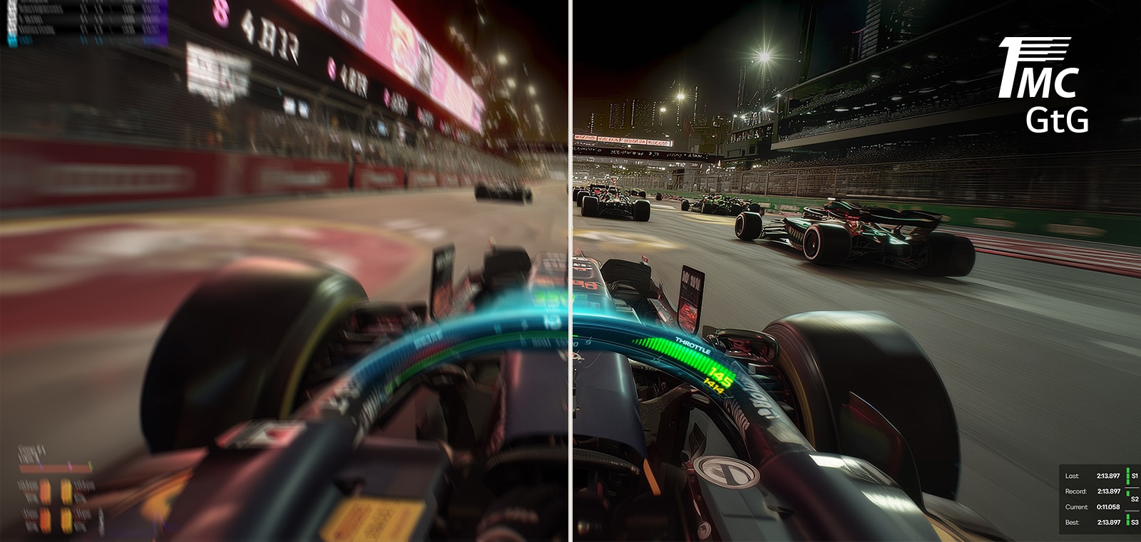 Порівняльне зображення, що демонструє зменшення розмиття руху на UltraGear™ 25G523B з часом відгуку 1 мс (GtG) для плавнішого зображення в іграх.