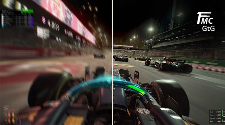 Порівняльне зображення, що демонструє зменшення розмиття руху на UltraGear™ 25G523B з часом відгуку 1 мс (GtG) для плавнішого зображення в іграх.