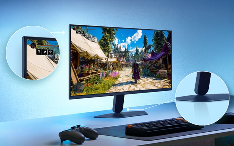 На цьому зображенні показано ігровий монітор UltraGear™ на столі, на якому відображається ігрова сцена, зі збільшеними яскравими ділянками, що підкреслюють безрамковий дизайн дисплея та елегантну підставку, що ніби плаває.