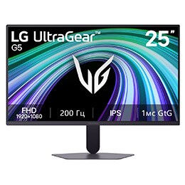 This image shows the front view of the LG UltraGear G5 25-inch gaming monitor, featuring IPS display with FHD (1920×1080) resolution, a 200Hz refresh rate, and 1ms (GtG) response time, emphasizing fas2