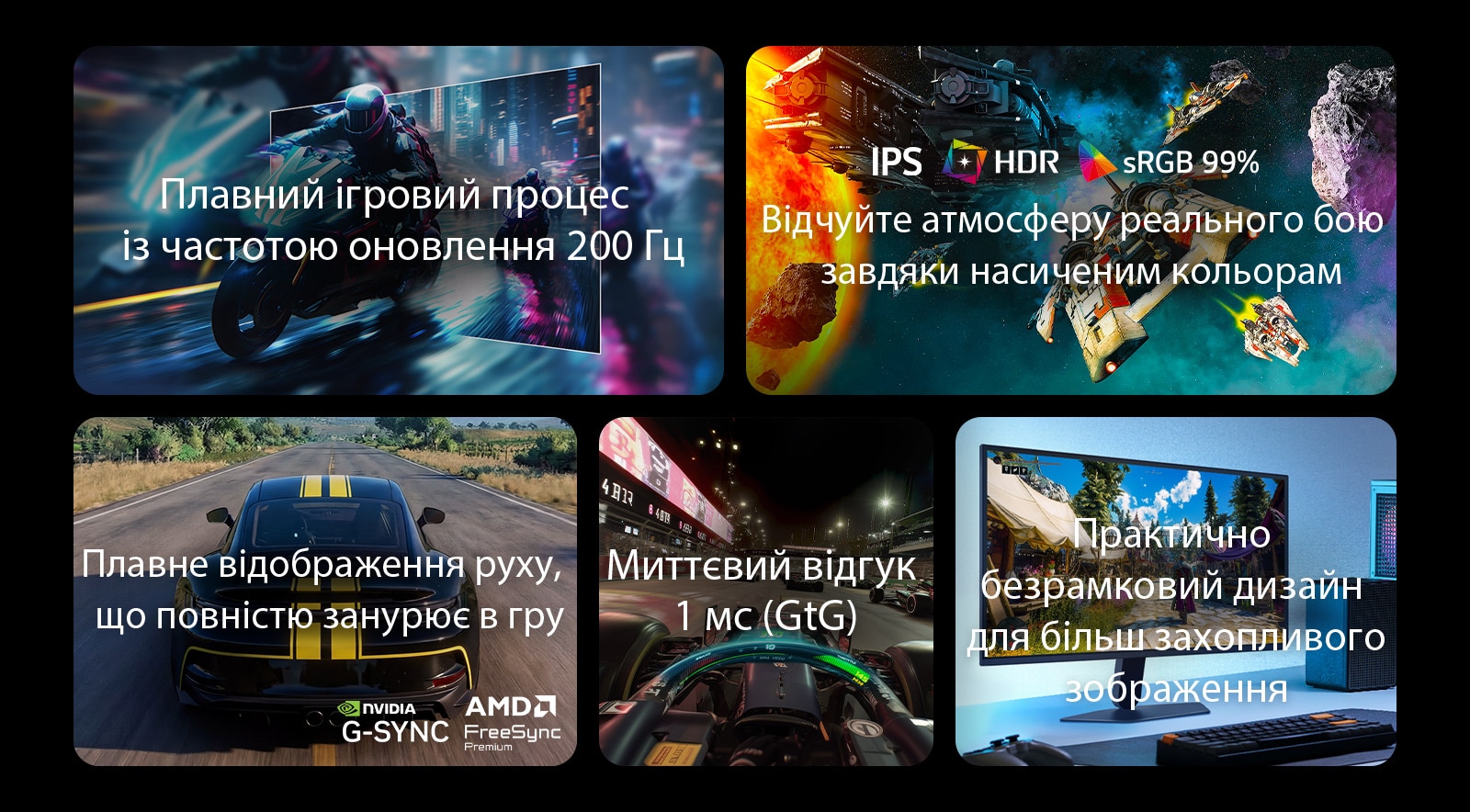 Це зображення демонструє ключові особливості ігрового монітора LG, зокрема частоту оновлення 200 Гц для плавного руху, IPS-дисплей із підтримкою HDR та охопленням sRGB 99% для насиченого зображення, плавний ігровий процес із підтримкою NVIDIA G-SYNC і AMD FreeSync Premium, час відгуку 1 мс (GtG) для динамічних ігор, а також практично безрамковий дизайн для максимального занурення