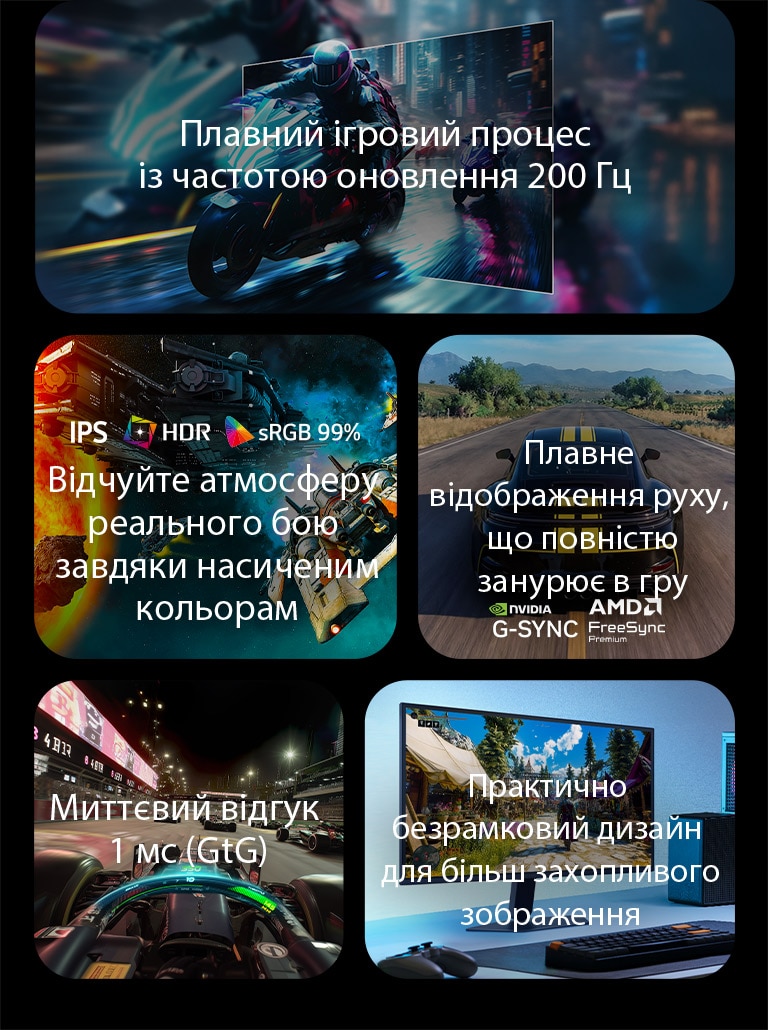 Це зображення демонструє ключові особливості ігрового монітора LG, зокрема частоту оновлення 200 Гц для плавного руху, IPS-дисплей із підтримкою HDR та охопленням sRGB 99% для насиченого зображення, плавний ігровий процес із підтримкою NVIDIA G-SYNC і AMD FreeSync Premium, час відгуку 1 мс (GtG) для динамічних ігор, а також практично безрамковий дизайн для максимального занурення