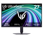 LG 27-дюймовий UltraGear™ G5, 200 Гц FHD Ігровий монітор , This image shows the front view of the LG UltraGear G5 25-inch gaming monitor, featuring IPS display with FHD (1920×1080) resolution, a 200Hz refresh rate, and 1ms (GtG) response time, emphasizing fas, 27G523B-B, thumbnail 1