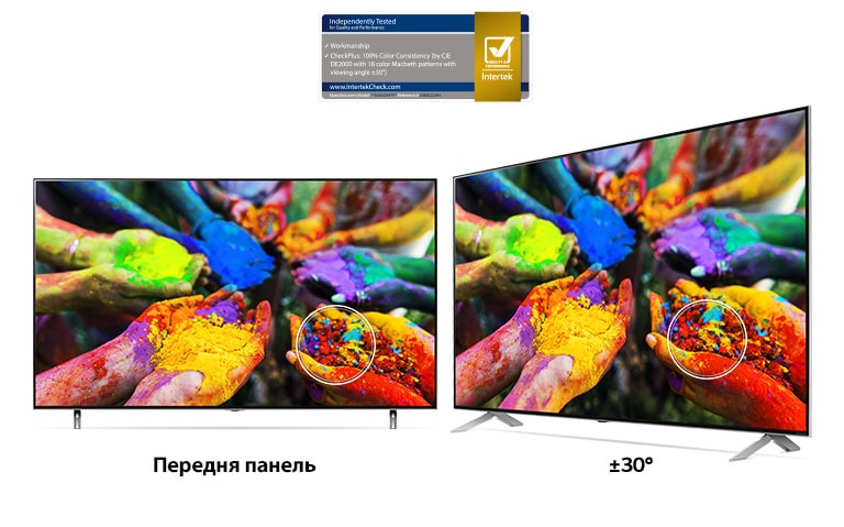 Два телевізори LG з технологією NanoCell поруч, на екрані яких зображено руки, що тримають барвисті часточки. Один телевізор розташовано під прямим кутом огляду, а інший — поза центром. Зображення залишається незмінно яскравим і точним з обох кутів огляду.