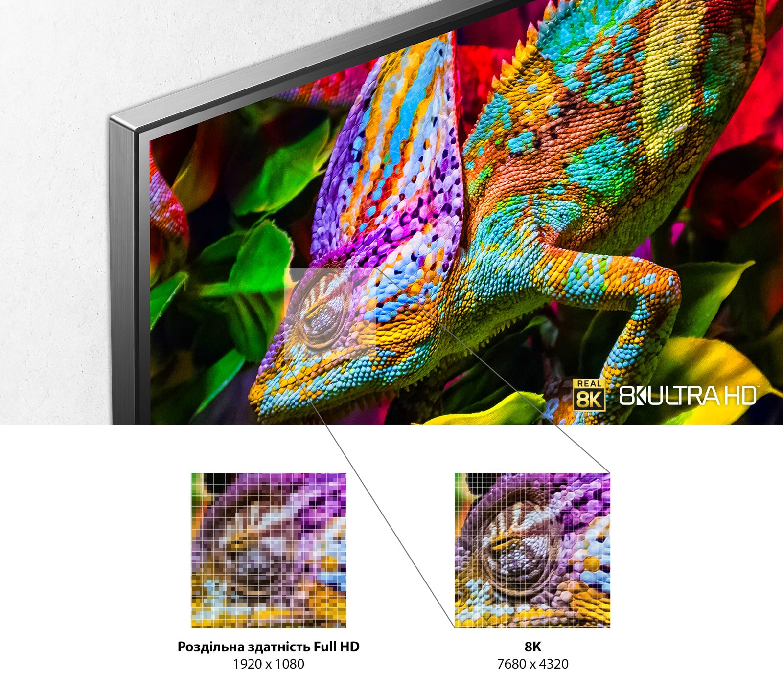 У лівому верхньому сегменті на екрані телевізора показано яскравого хамелеона на фоні листя. Під цим зображенням показані менші зображення ока хамелеона, які демонструють різницю деталізації із роздільною здатністю Full HD та 8K.