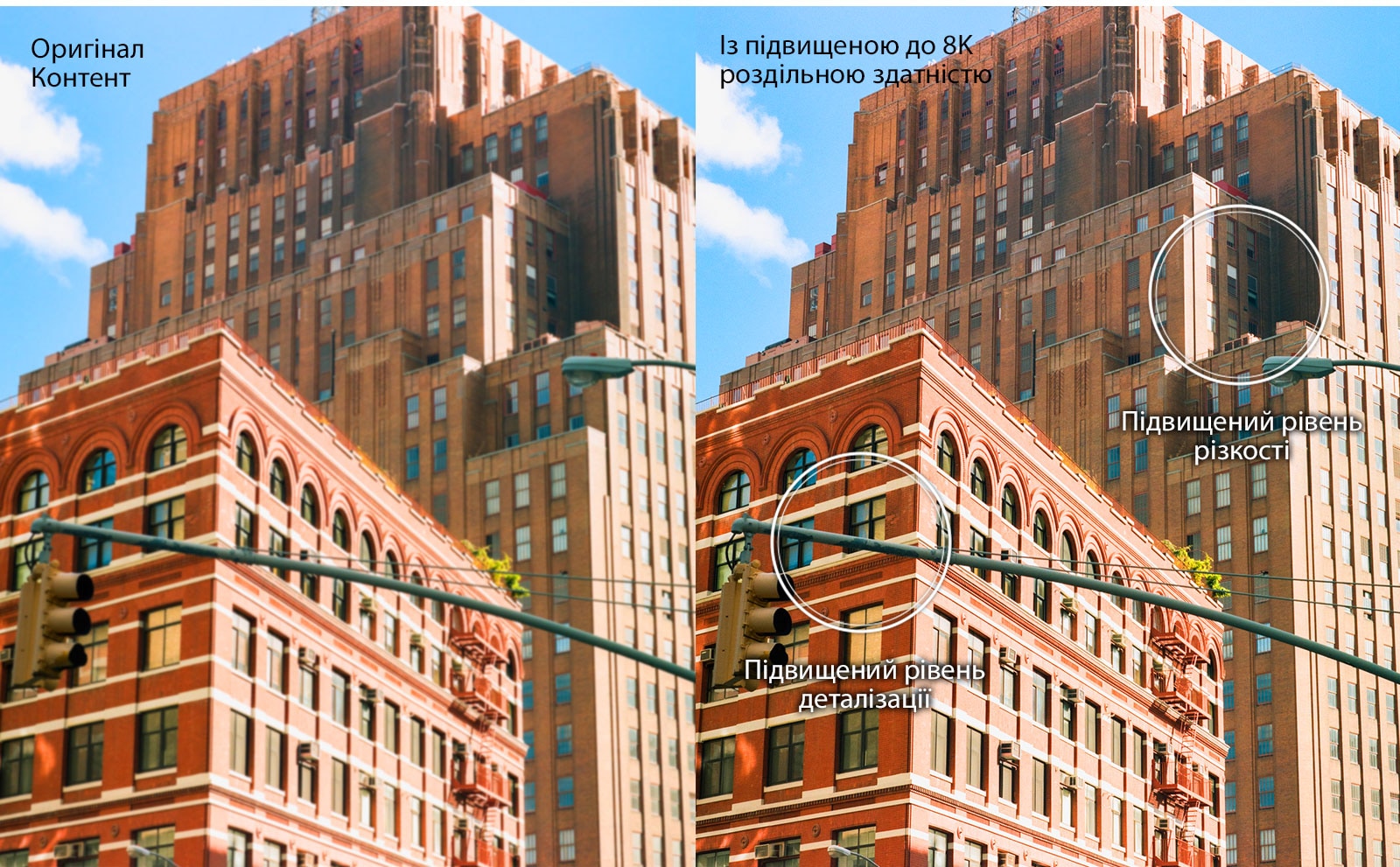 Порівняльне зображення будівель із червоної цегли. Зображення праворуч виглядає різкішим і чистішим. Воно демонструє можливості інтелектуальної функції підвищення роздільної здатності до 8K.