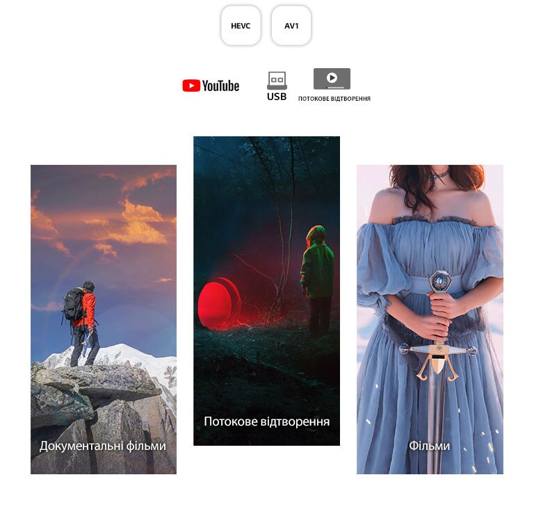 Зображення зліва направо: чоловік у туристичному спорядженні, який стоїть на скелястій горі; темний сюжет із хлопчиком, який стоїть перед тунелем, із якого випромінюється червоне світло; жінка в синьому платті, яка тримає білий меч, на білому фоні.