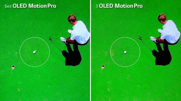Зображення гравця в гольф, який штовхає м’яч у лунку. Ліворуч показано розмитий м’яч для гольфу та текст «Без технології OLED Motion Pro» у лівому верхньому куті зображення. Зображення гравця в гольф, який штовхає м’яч у лунку. Праворуч показано чіткіший м’яч для гольфу та текст «З технологією OLED Motion Pro» у лівому верхньому куті зображення.