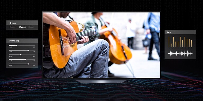 Екран телевізора, на якому показано чоловіка, що грає на гітарі на чорному фоні. Збоку від телевізора зображено різні налаштування звуку, а спереду — кольорові лінії для візуалізації звукових хвиль.