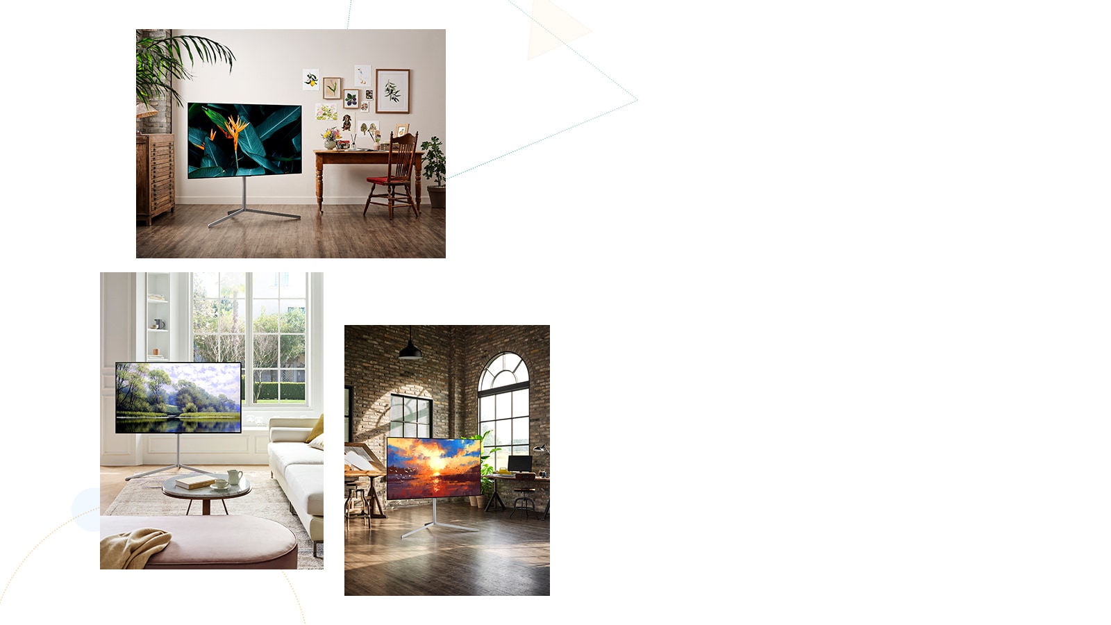 "Телевізор із підставкою, на екрані якого показано листя великим планом, стоїть у кімнаті зі столом, стільцем, рослинами та рамками на стіні. Телевізор із підставкою, на екрані якого показано озеро й гори, стоїть у кімнаті зі столом і диванами. Телевізор із підставкою, на екрані якого показано захід сонця, стоїть у старовинній будівлі."