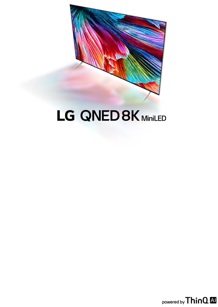 Зображення телевізора LG з технологією QNED 8K MiniLED на білому тлі й кольорової абстракції на екрані, що віддзеркалюється на поверхні перед телевізором.