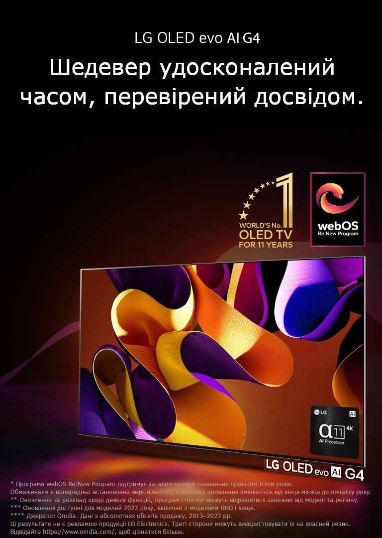 Телевізор LG OLED evo TV G4 з абстрактним кольоровим малюнком на екрані на чорному тлі з витонченими вихорами кольорів. Випромінення світла з екрана відкидають барвисті тіні. Процесор alpha 11 AI Processor 4K у нижньому правому куті екрана телевізора. На зображенні емблема World's number 1 OLED TV for 11 Years і логотип webOS Re:New Program. Застереження щодо відповідальності: "Програма webOS Re:New Program підтримує загалом чотири оновлення протягом п’яти років. Обмеженням є попередньо встановлена версія webOS, а розклад оновлення змінюється від кінця місяця до початку року".  "Оновлення та розклад щодо деяких функцій, програм і послуг можуть відрізнятися залежно від моделі та регіону".  "Оновлення доступні для моделей 2023 року, включно з моделями UHD і вище". "Джерело: Omdia. Дані з абсолютних обсягів продажу, 2013–2023 рр. Ці результати не є рекламою продукції LG Electronics. Треті сторони можуть використовувати їх на власний ризик. Відвідайте https://www.omdia.com/, щоб дізнатися більше".