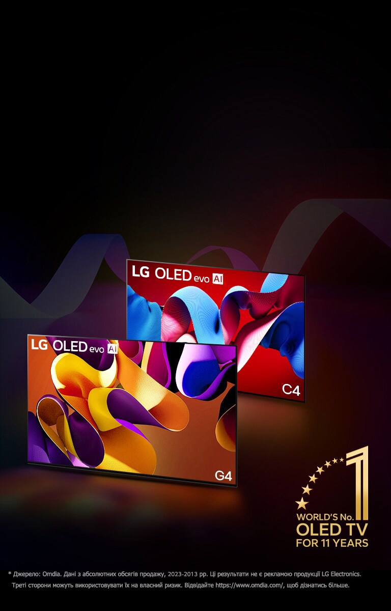 Телевізори LG OLED evo TV C4, evo G4 і B4, що стоять у ряд на чорному тлі, з витонченими вихорами кольорів. На зображенні емблема World's number 1 OLED TV for 11 Years.  Застереження щодо відповідальності: "Джерело: Omdia. Дані з абсолютних обсягів продажу, 2013–2023 рр. Ці результати не є рекламою продукції LG Electronics. Треті сторони можуть використовувати їх на власний ризик. Відвідайте https://www.omdia.com/, щоб дізнатися більше".