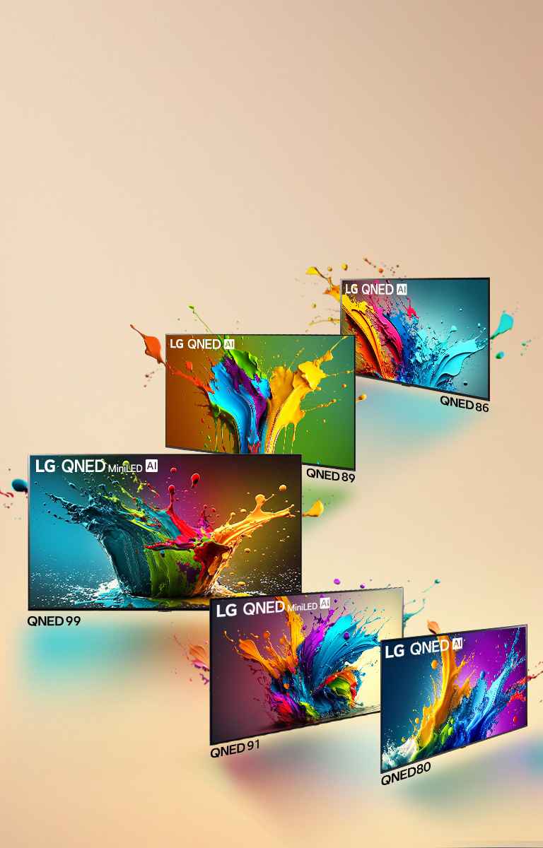 Телевізори LG QNED 80, QNED 90, QNED 99, QNED 89 і QNED 85 стоять поруч під кутом, причому телевізор QNED 99 спрямовано вперед, а інші – під кутом 45 градусів. Різнокольорові краплі та хвилі фарби вибухають із кожного екрана, а світло випромінюється, відкидаючи внизу барвисті тіні.