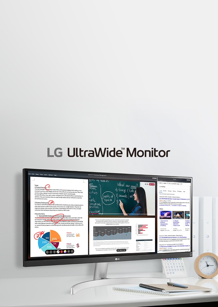 Image of LG UltraWide™ Monitor product with split screen consisting of 4 different windows of a class material, an ongoing online class in a video with another class material displaying below of it and the portal site with searching words of LG UltraWide. 