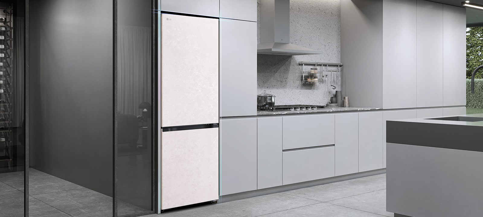 Холодильник із нижньою морозильною камерою LG (GC-B459EMYM), вбудований у сіру кухонну шафу.