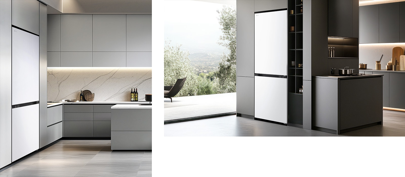 Холодильник із нижньою морозильною камерою LG (GC-B459EMYM), розташований ліворуч у світло-сірих шафах із мармуровим фартухом, праворуч — у темних шафах біля полиць із кухонним приладдям та посудом.