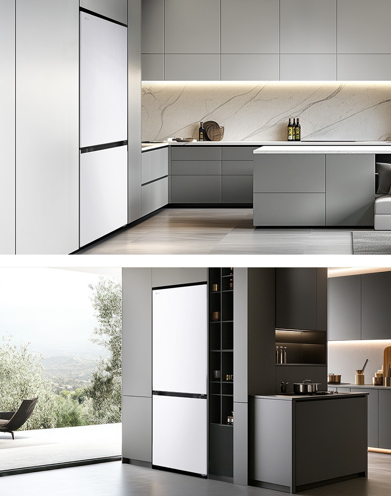 Холодильник із нижньою морозильною камерою LG (GC-B459EMYM), розташований ліворуч у світло-сірих шафах із мармуровим фартухом, праворуч — у темних шафах біля полиць із кухонним приладдям та посудом.