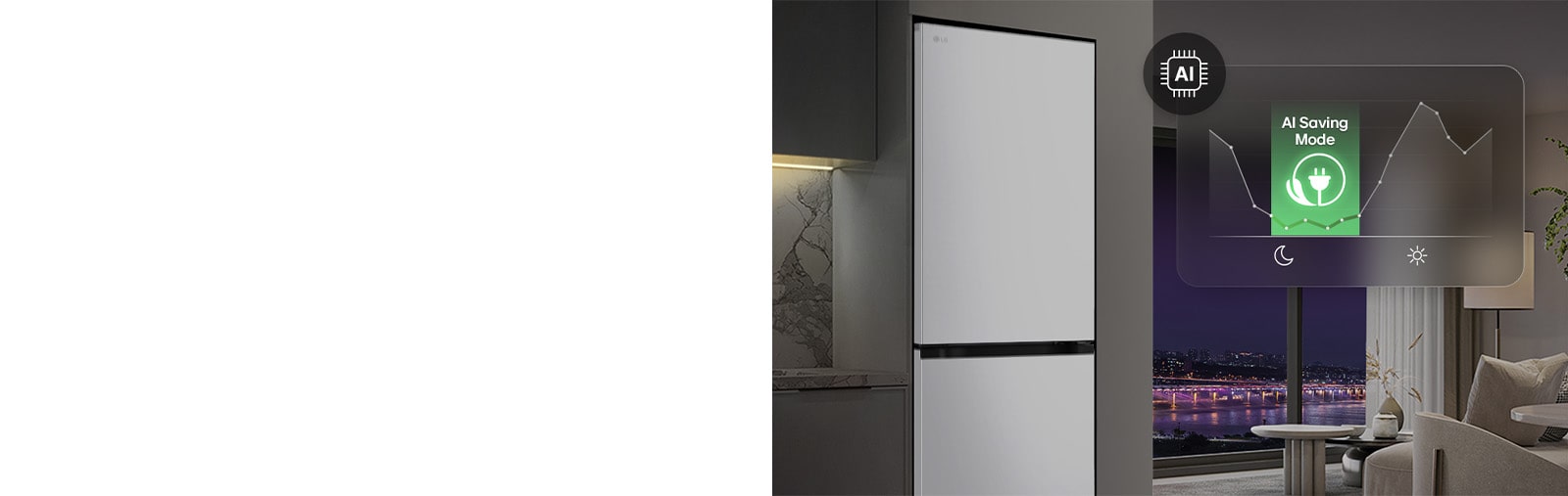 Холодильник із нижньою морозильною камерою LG (GC-B459EMYM) у житловому приміщенні на фоні нічного міського пейзажу, із накладеною графікою режиму AI Saving Mode та змінним графіком енергоспоживання.