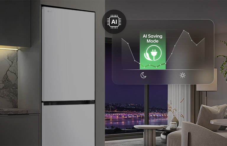 Холодильник із нижньою морозильною камерою LG (GC-B459EMYM) у житловому приміщенні на фоні нічного міського пейзажу, із накладеною графікою режиму AI Saving Mode та змінним графіком енергоспоживання.