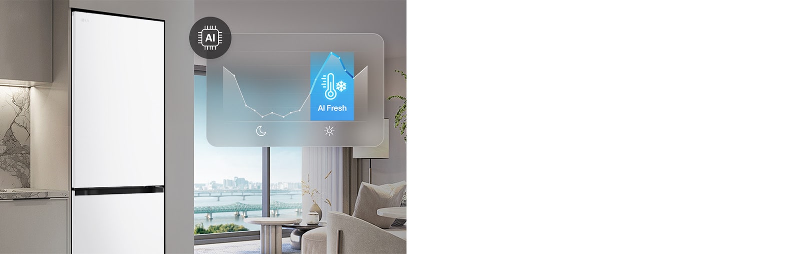 Холодильник із нижньою морозильною камерою LG (GC-B459EMYM) біля світло-сірих шаф у житловому приміщенні з видом на річку, із накладеним графіком та значком AI Fresh.