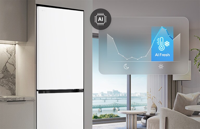 Холодильник із нижньою морозильною камерою LG (GC-B459EMYM) біля світло-сірих шаф у житловому приміщенні з видом на річку, із накладеним графіком та значком AI Fresh.
