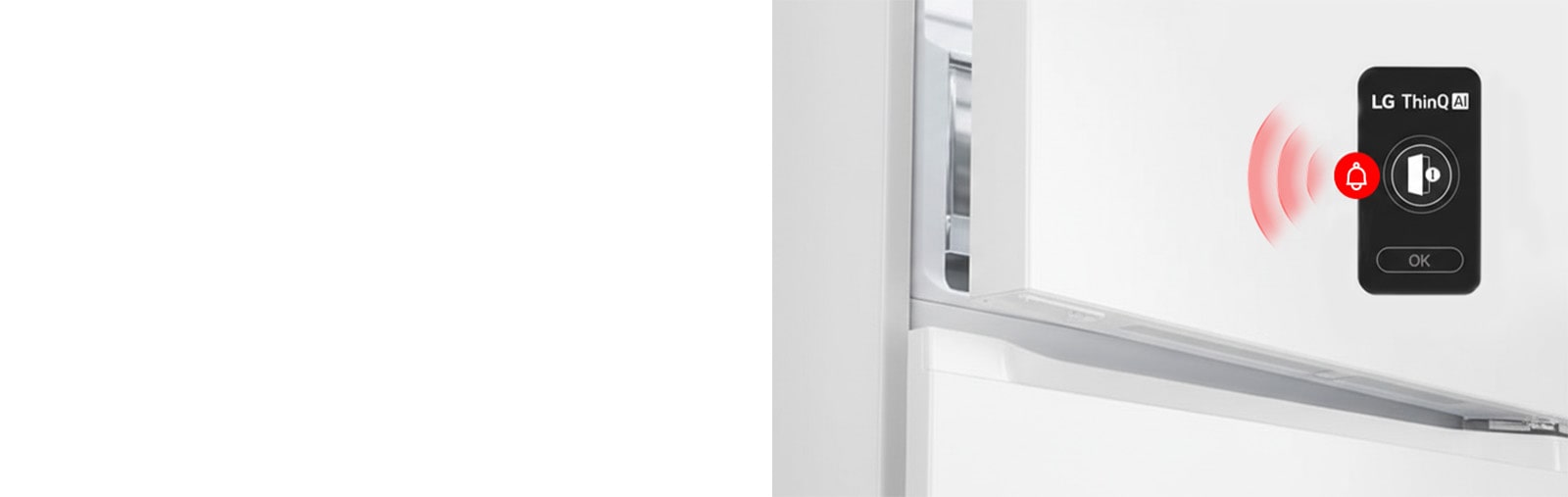 Холодильник із нижньою морозильною камерою LG (GC-B459EMYM), верхні дверцята трохи відчинені, із червоною хвилеподібною графікою, що показує значок відкритих дверцят і значок сповіщення разом.