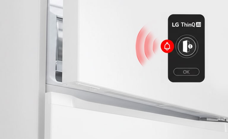 Холодильник із нижньою морозильною камерою LG (GC-B459EMYM), верхні дверцята трохи відчинені, із червоною хвилеподібною графікою, що показує значок відкритих дверцят і значок сповіщення разом.