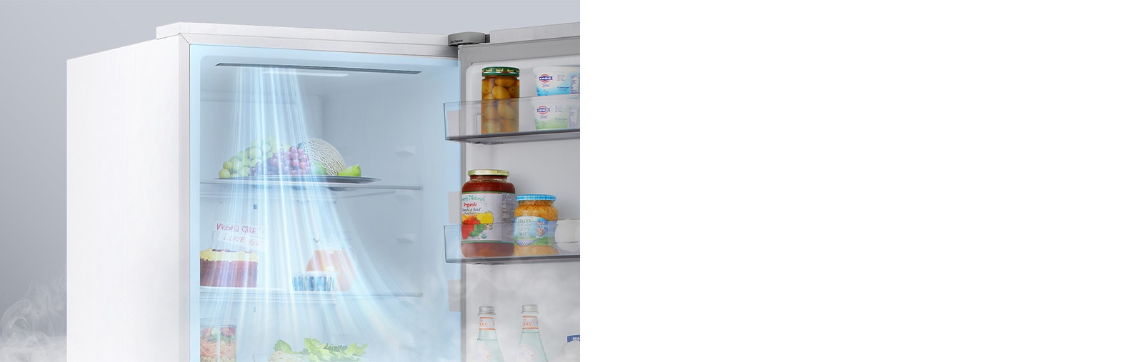 Показано затемнено холодильник та підсвічений синім кольором схематичний прохід холодоагента по ньому від компресора, розміщеного внизу праворуч.