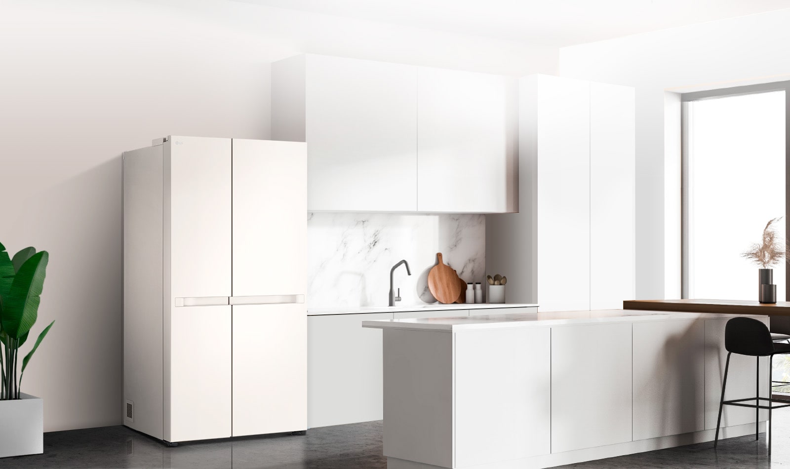 Показано холодильник в інтер'єрі кухні, який стоїть біля стінки.