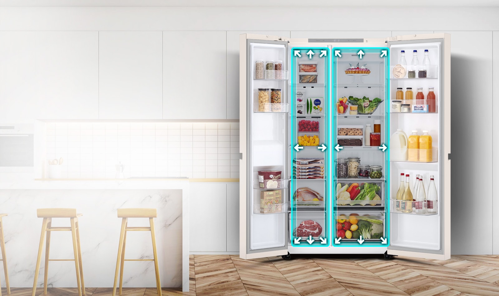 Показано відкритий холодильник в інтер'єрі, анімація синього кольору, яка схематично показує збільшений внутрішній об'єм холодильника.