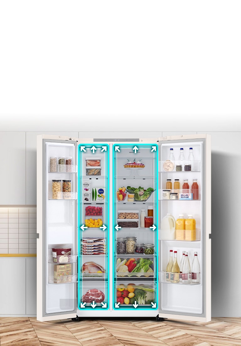Показано відкритий холодильник в інтер'єрі, анімація синього кольору, яка схематично показує збільшений внутрішній об'єм холодильника.