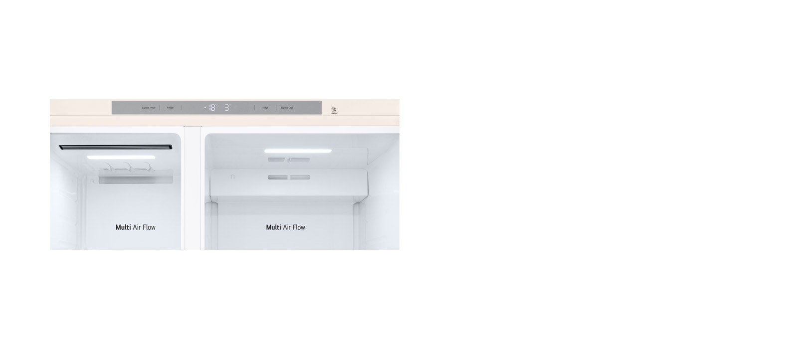 Показано детально внутрішнє оздоблення холодильника, а саме верхню стінку із елементом LED-підсвічування.