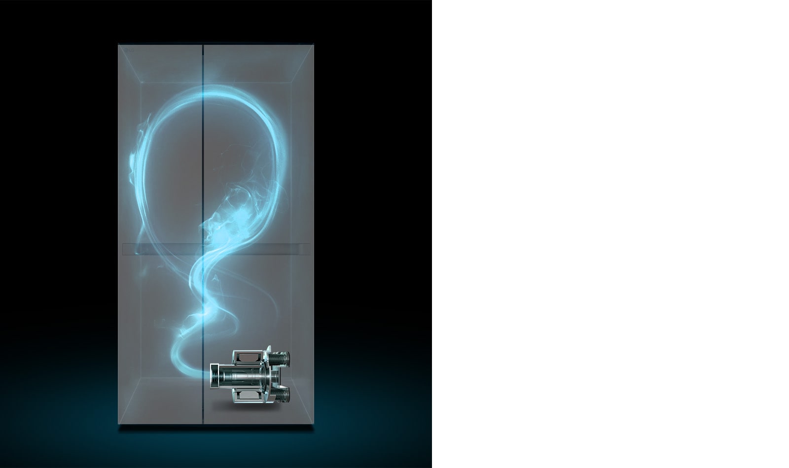 Показано затемнено холодильник та підсвічений синім кольором схематичний прохід холодоагента по ньому від компресора, розміщеного внизу праворуч.