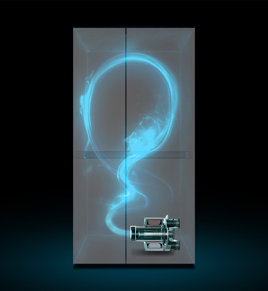 Показано затемнено холодильник та підсвічений синім кольором схематичний прохід холодоагента по ньому від компресора, розміщеного внизу праворуч.