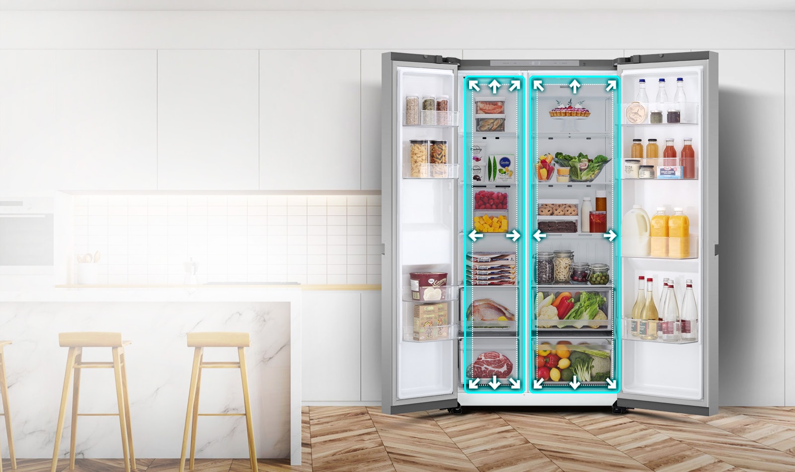 Показано відкритий холодильник в інтер'єрі, анімація синього кольору, яка схематично показує збільшений внутрішній об'єм холодильника.