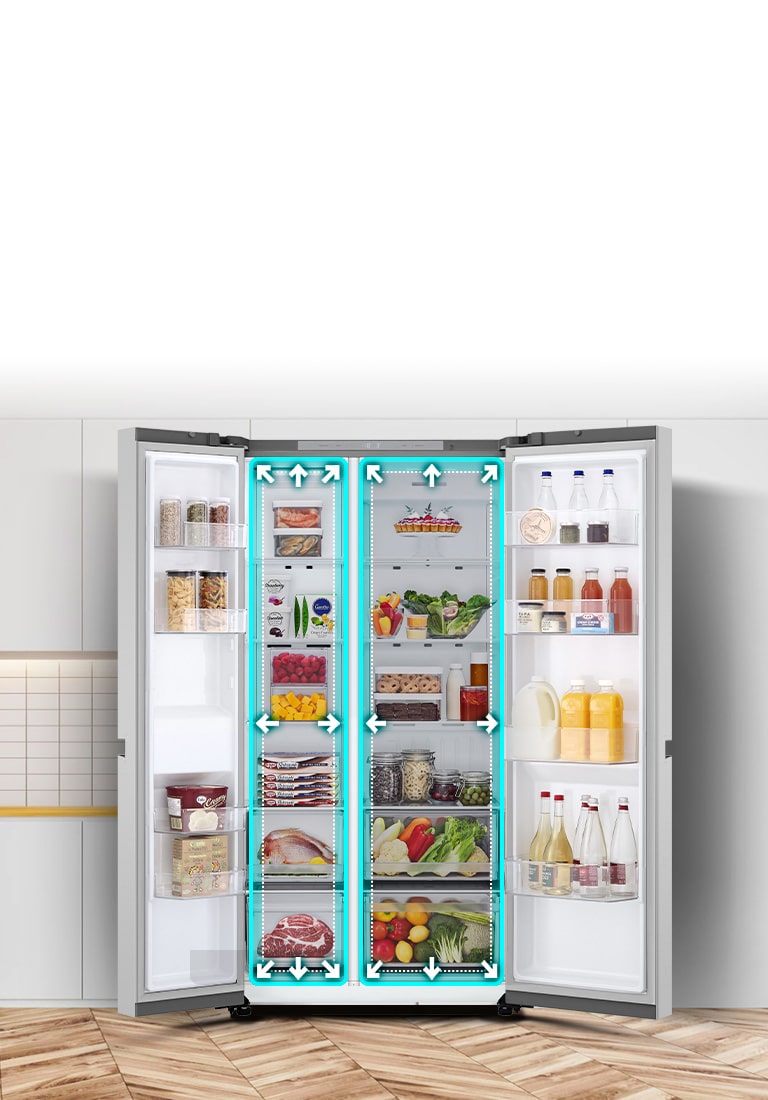 Показано відкритий холодильник в інтер'єрі, анімація синього кольору, яка схематично показує збільшений внутрішній об'єм холодильника.