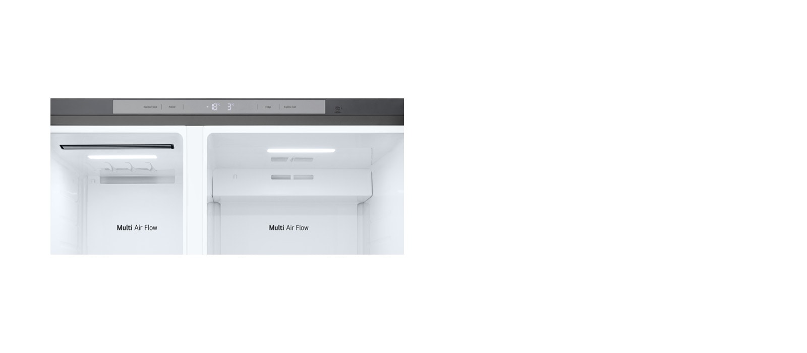 Показано детально внутрішнє оздоблення холодильника, а саме верхню стінку із елементом LED-підсвічування.