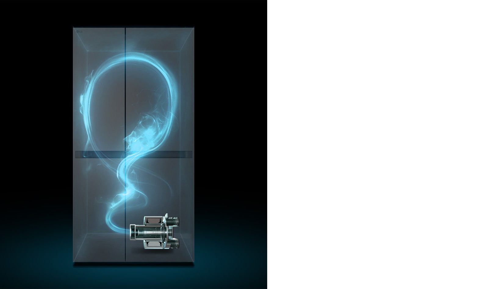 Показано затемнено холодильник та підсвічений синім кольором схематичний прохід холодоагента по ньому від компресора, розміщеного внизу праворуч.