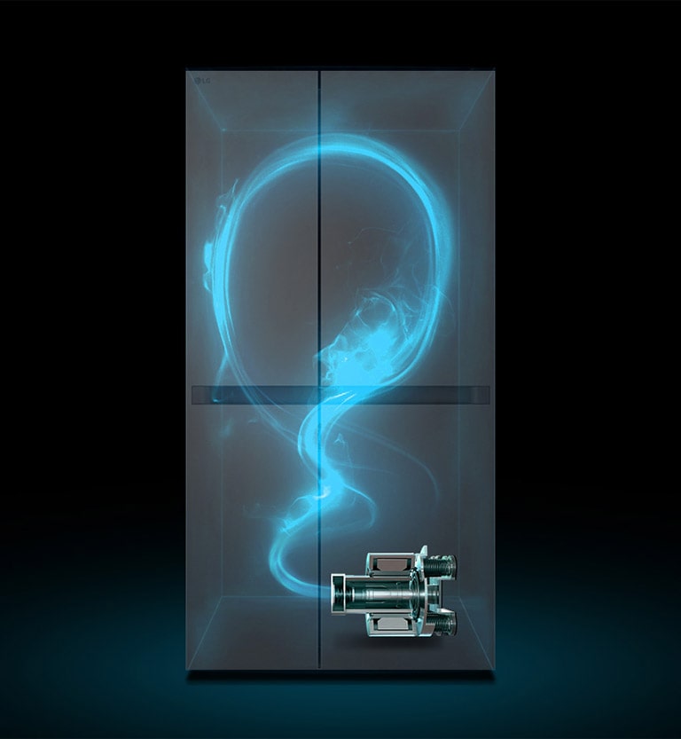 Показано затемнено холодильник та підсвічений синім кольором схематичний прохід холодоагента по ньому від компресора, розміщеного внизу праворуч.