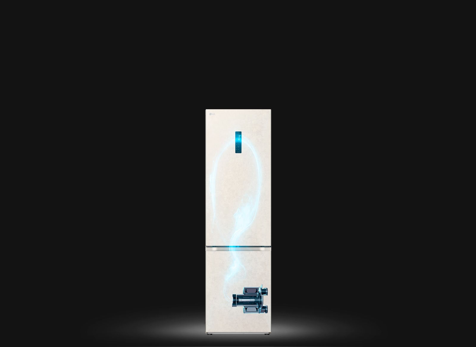 Показано затемнено холодильник та підсвічений синім кольором схематичний прохід холодоагента по ньому від компресора, розміщеного внизу праворуч.