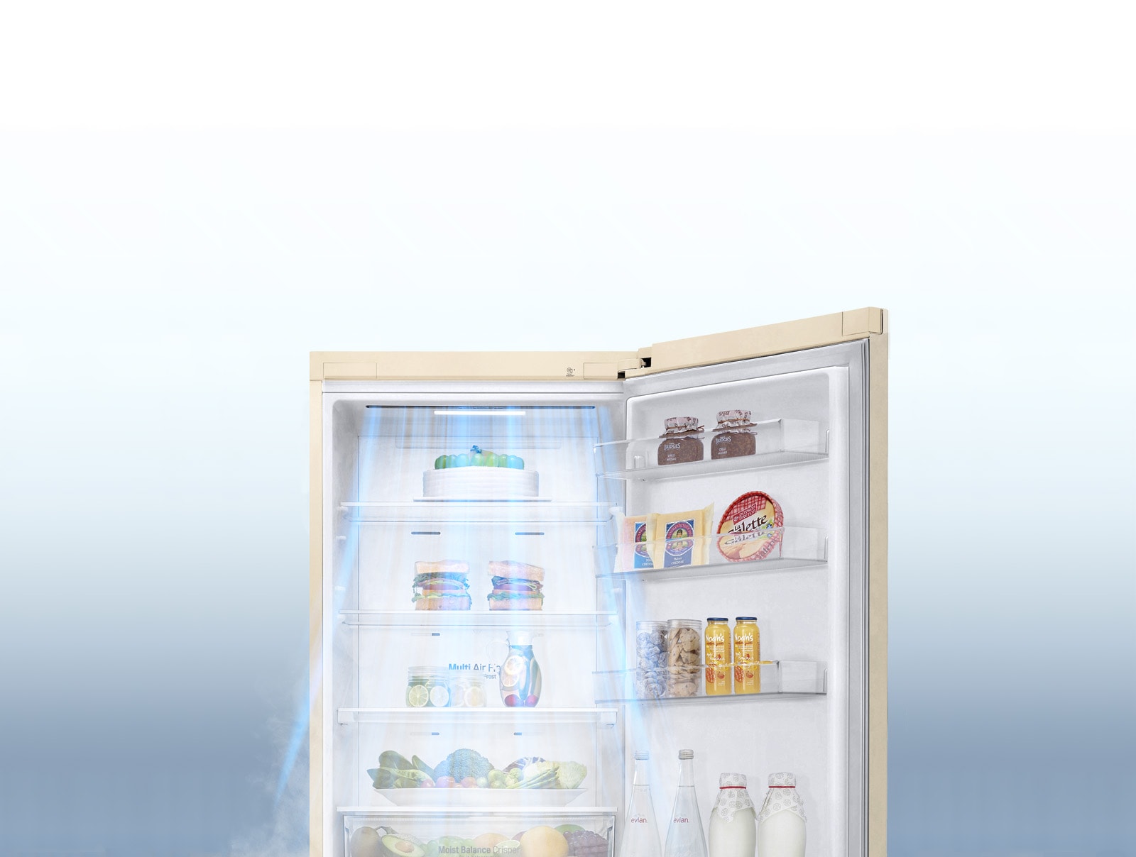 На блакитному фоні показано відкритий холодильник, а також циркуляція блакитного повітря з вентиляційних отворів, розташованих у передній частині холодильника. Блакитне повітря розповсюджується по холодильнику і назовні.