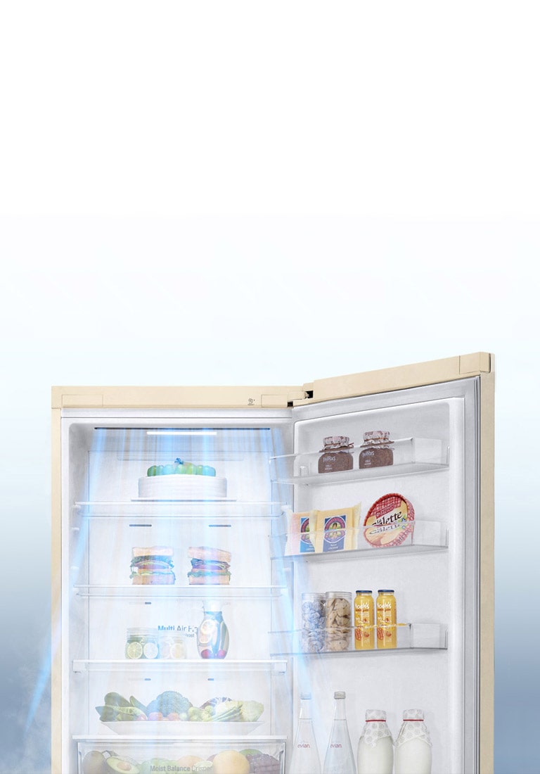 На блакитному фоні показано відкритий холодильник, а також циркуляція блакитного повітря з вентиляційних отворів, розташованих у передній частині холодильника. Блакитне повітря розповсюджується по холодильнику і назовні.